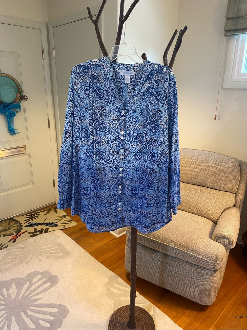 PARAGON Blue and White Cotton Printed Cotton Blouse XL